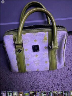 MCM White and Olive Green Logo Satchel